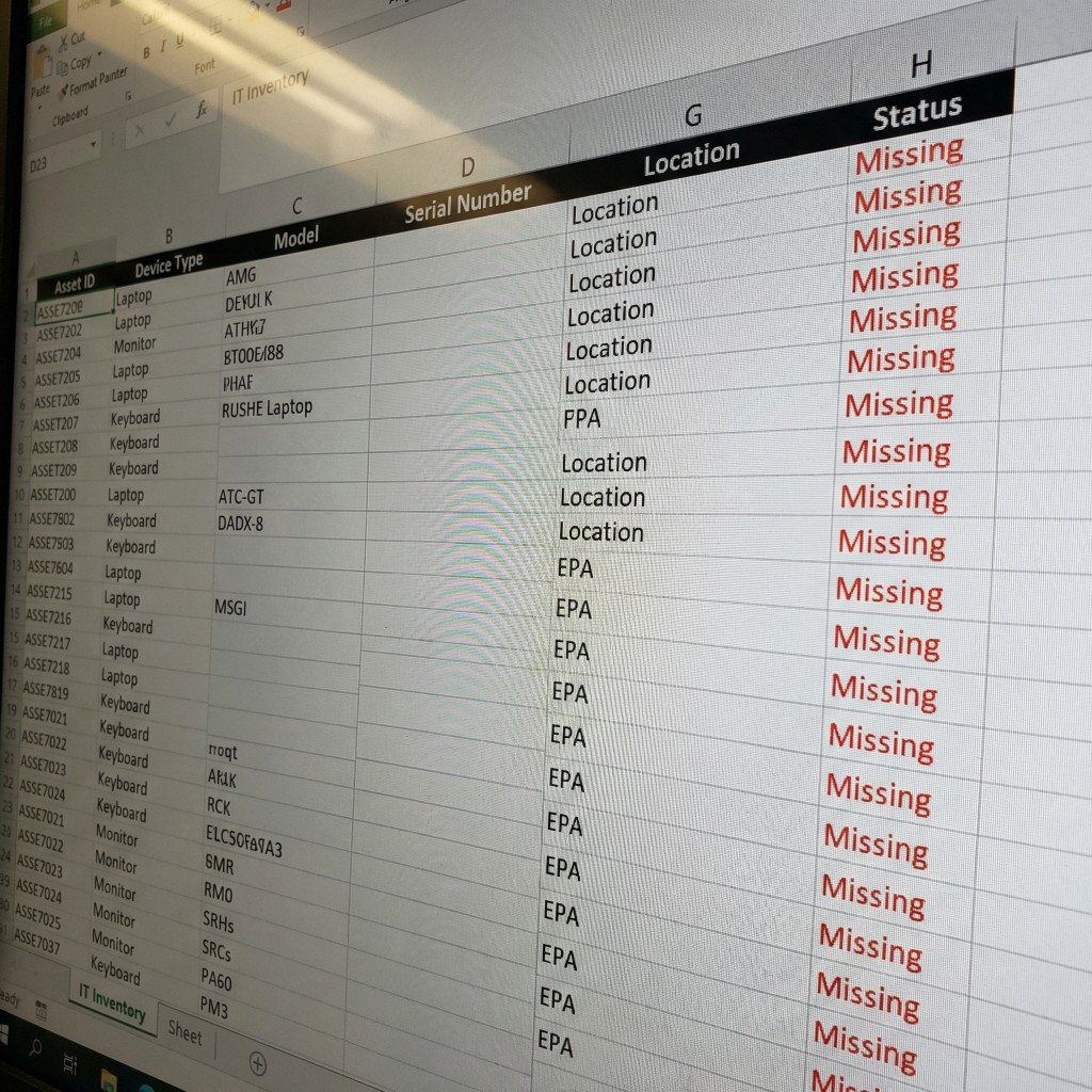 IT asset inventory spreadsheet showing all devices with Missing status