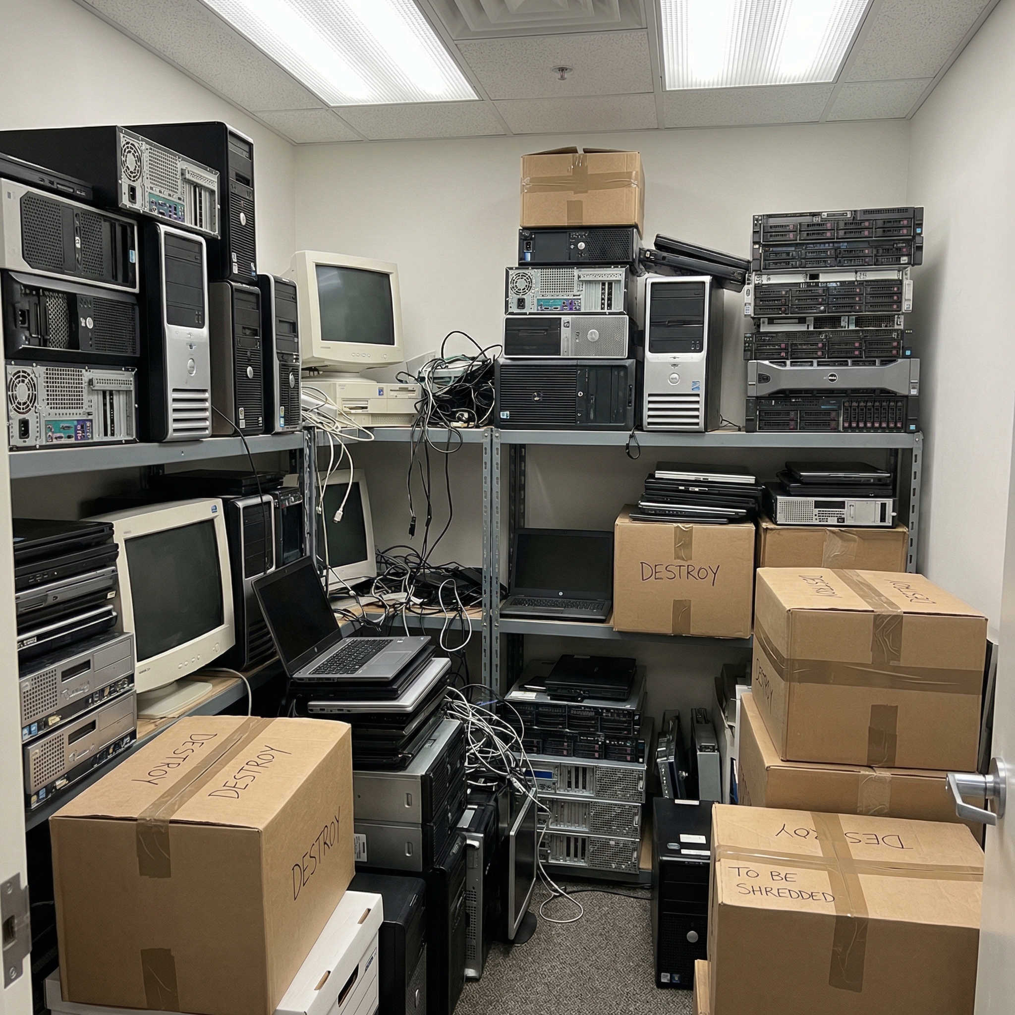 Room overflowing with decommissioned IT equipment and boxes marked Destroy